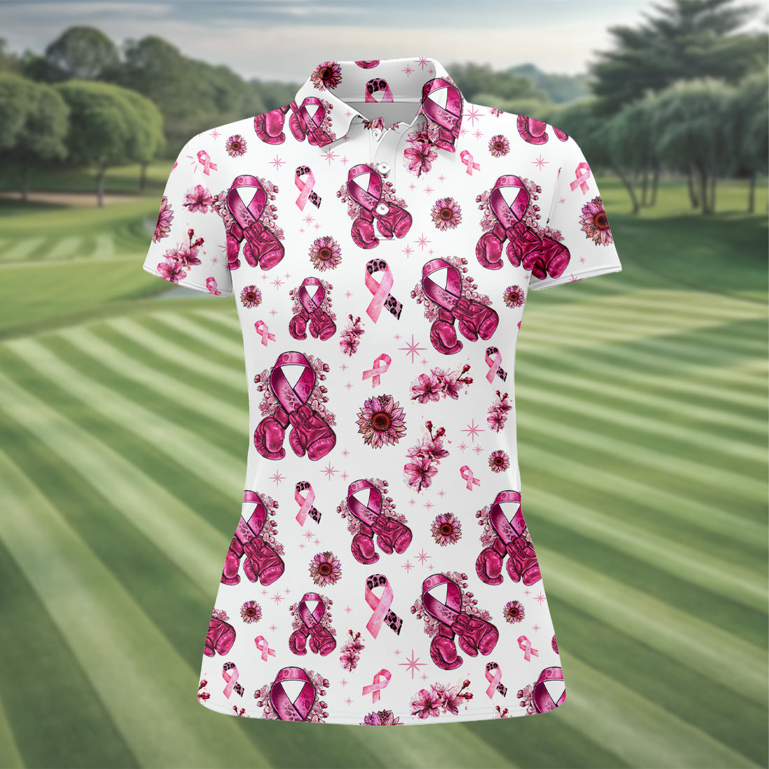 Boxing Gloves Fighter White Breast Cancer Golf Shirt, Breast Cancer Support Shirts, Womens Golf Polo