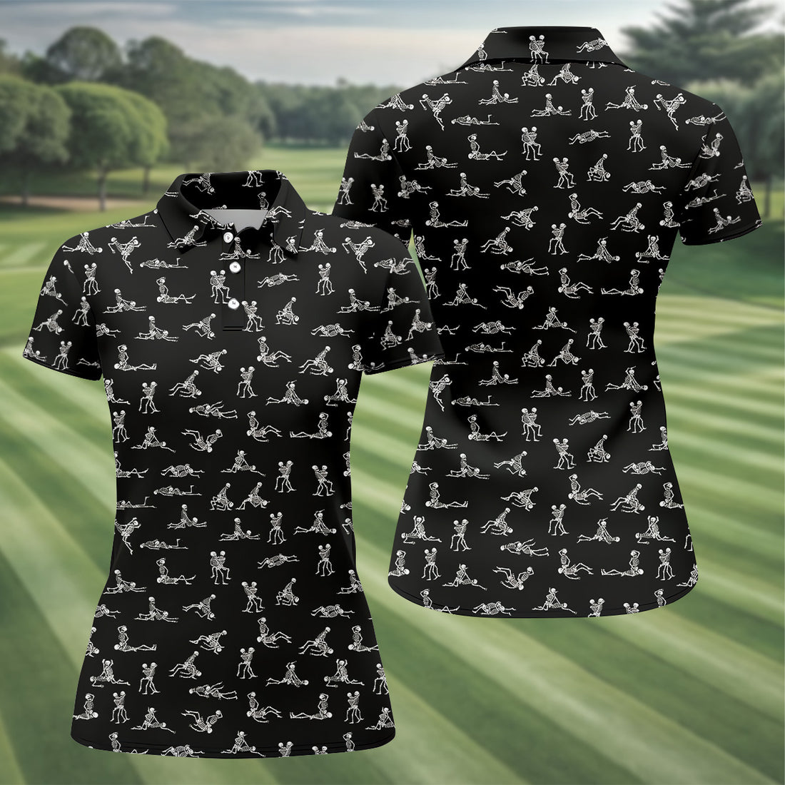 Funny Skeleton Couple Golf Shirt, Halloween Gift Idea, Womens Golf Tops, Ladies Golf Shirts