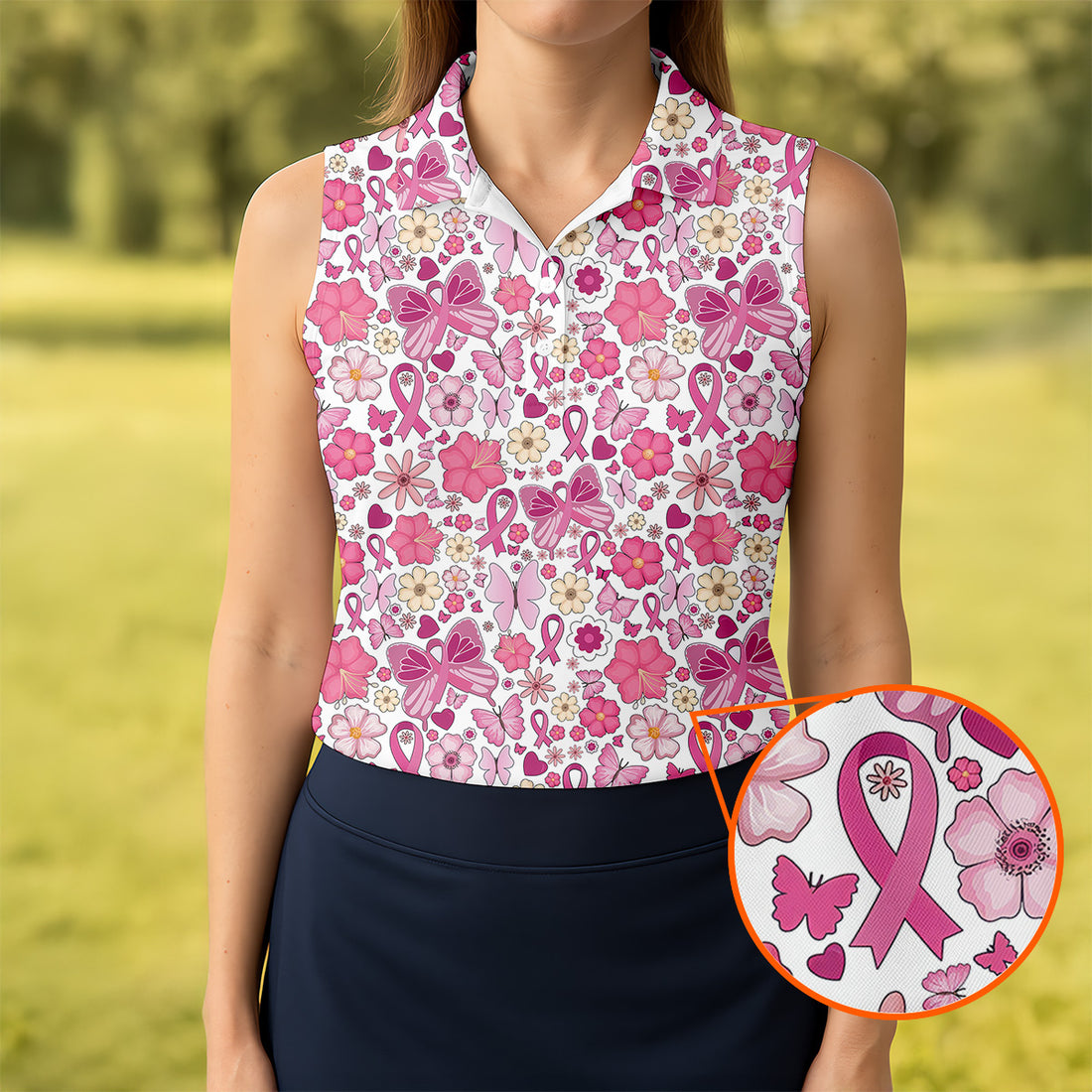 Breast Cancer Pink Ribbon Floral Golf Shirt, Cancer Awareness Shirt, Ladies Golf Polos, Golfing Apparel