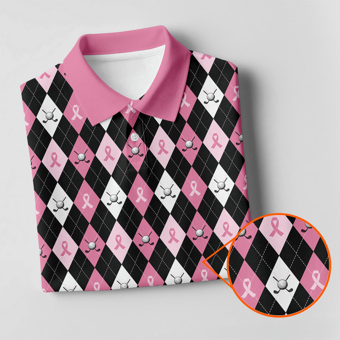 Black Pink Argyle Womens Golf Shirts, Breast Cancer Golf Shirt, Ladies Pink Golf Shirt, Golf Gift For Womens