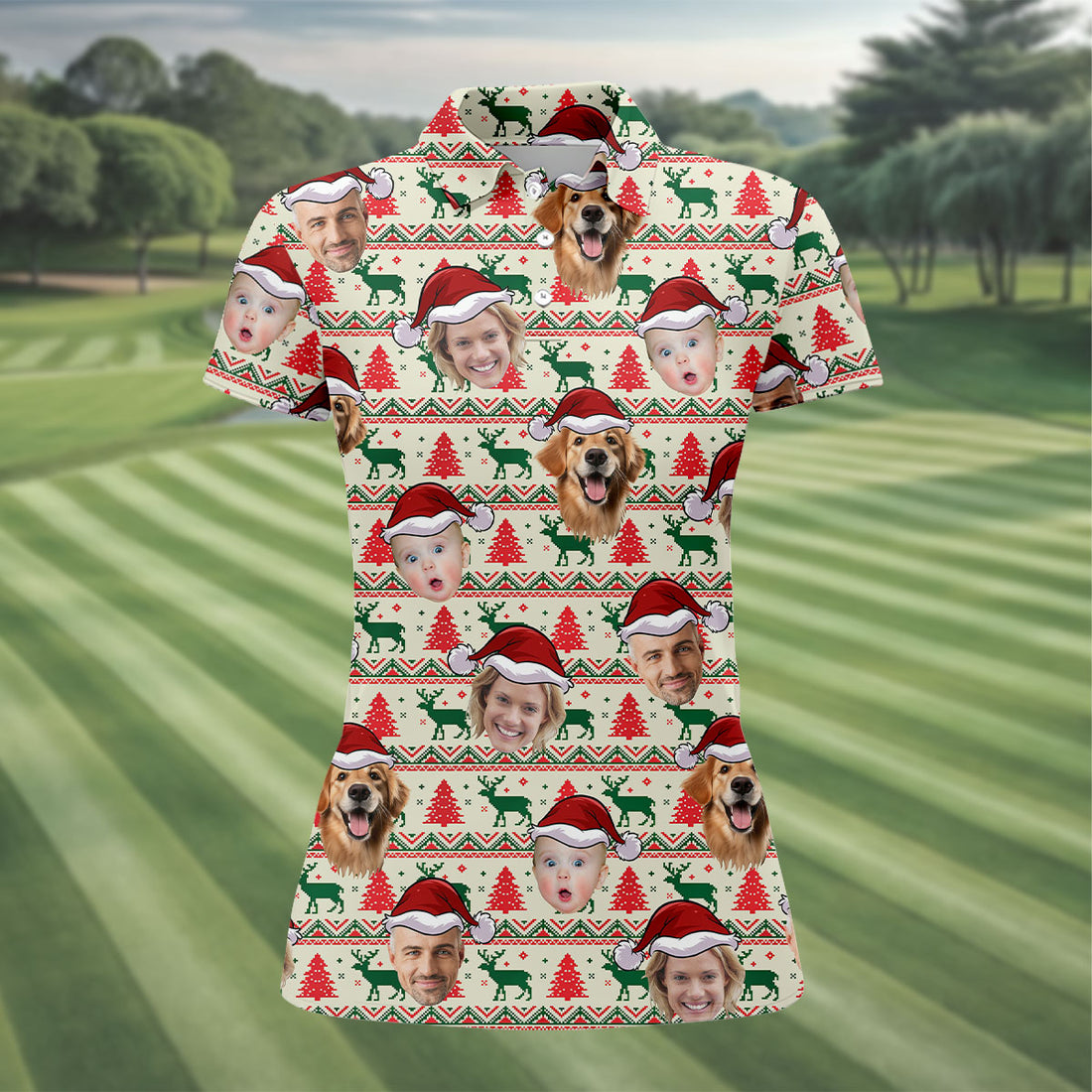 Custom Face Reindeer Christmas Women's Golf Tops, Ladies Golf Shirts, Christmas Golf Gift
