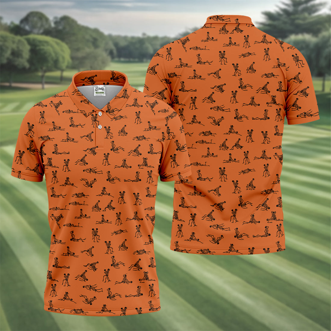 Orange And White Funny Skeleton Golf Shirt, Halloween Gift Idea, Fun Golf Shirts For Men, Polo For Men