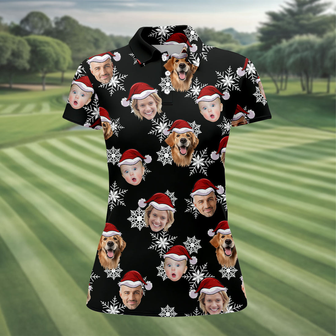 Custom Face Black Christmas Women's Golf Tops, Ladies Golf Shirts, Christmas Golf Gift