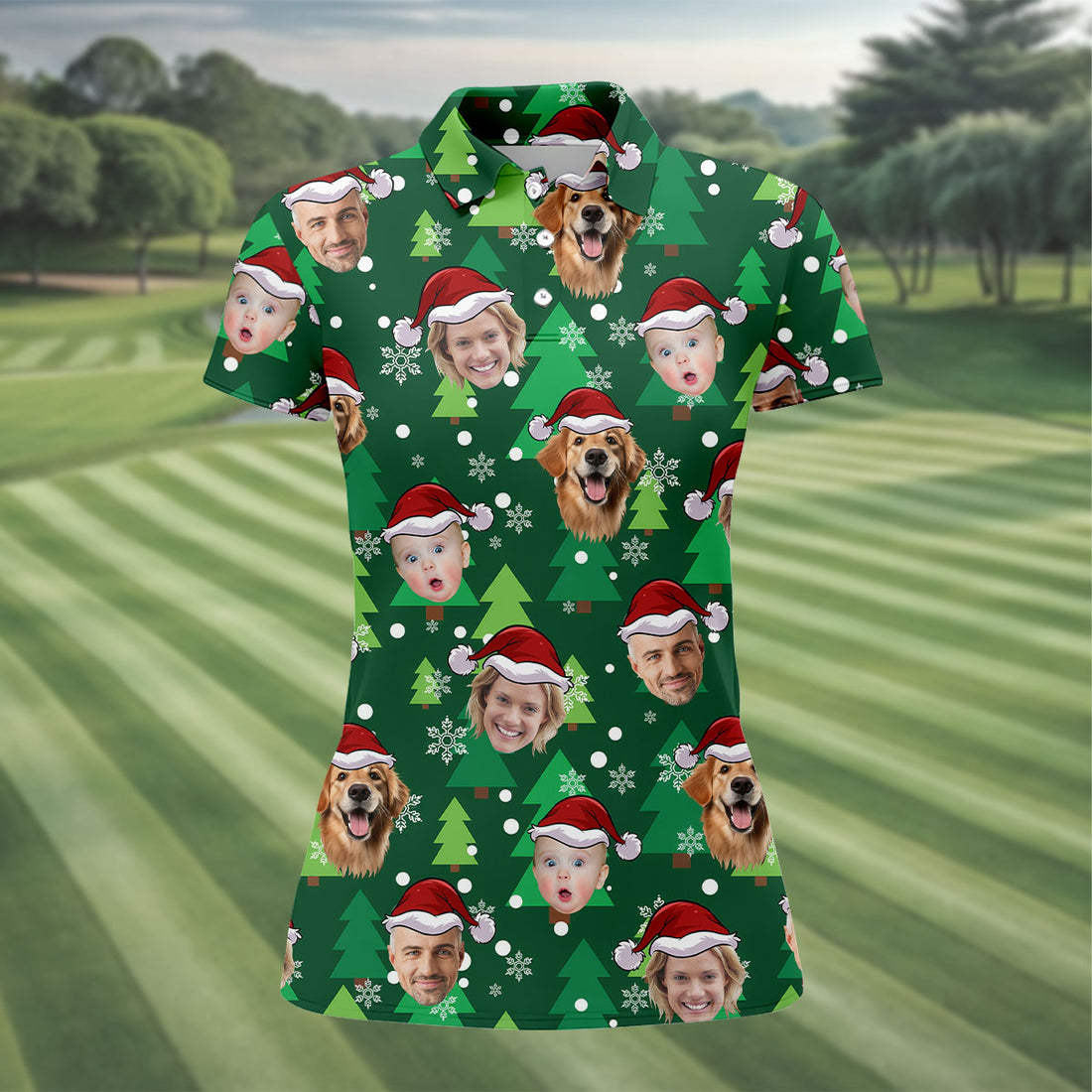 Custom Face Green Christmas Women's Golf Tops, Ladies Golf Shirts, Christmas Golf Gift
