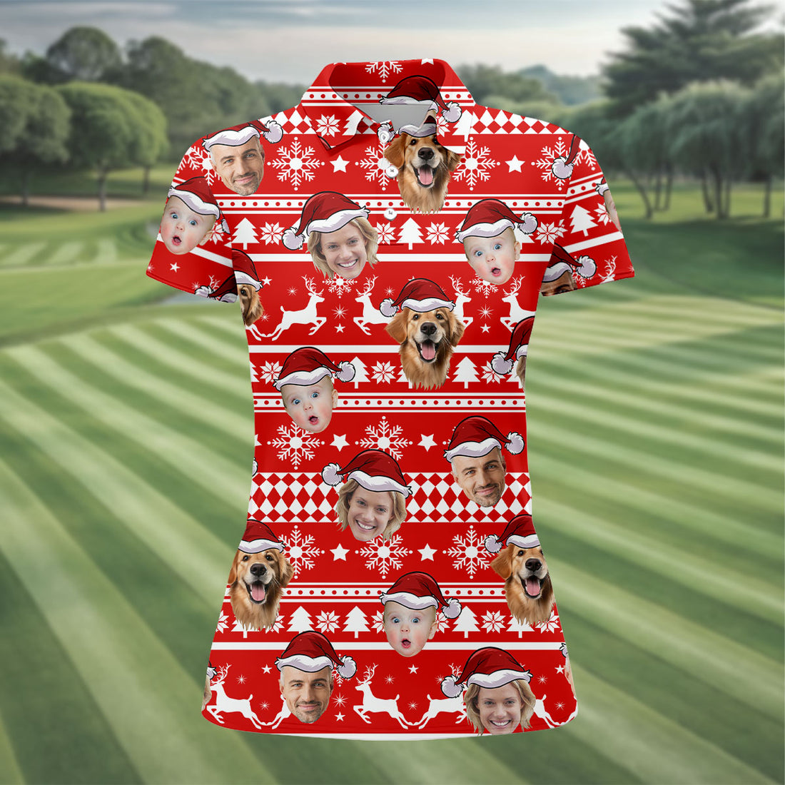 Custom Face Red And White Christmas Women's Golf Tops, Ladies Golf Shirts, Christmas Golf Gift