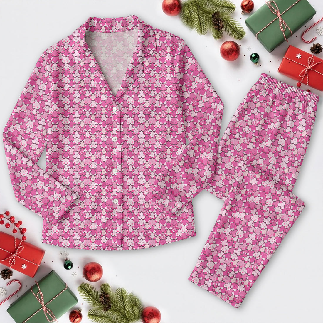 Pink Breast Cancer Long Sleeve Pajama Set, Fun Pajama Sets, Cancer Awareness Pink Satin Pajama