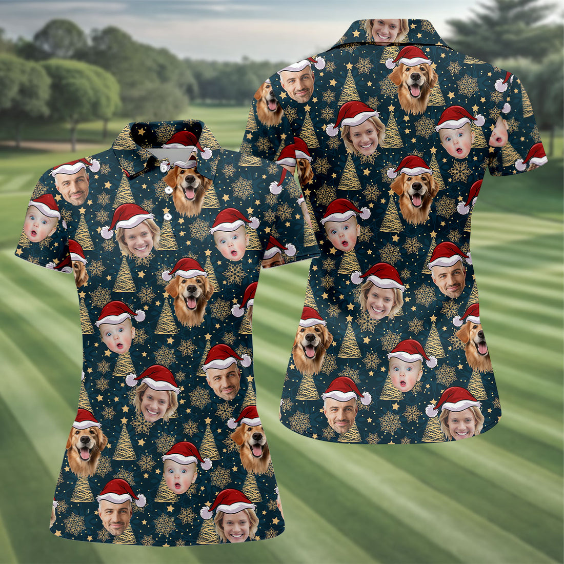 Custom Face Dark Blue And Gold Christmas Women's Golf Tops, Ladies Golf Shirts, Christmas Golf Gift