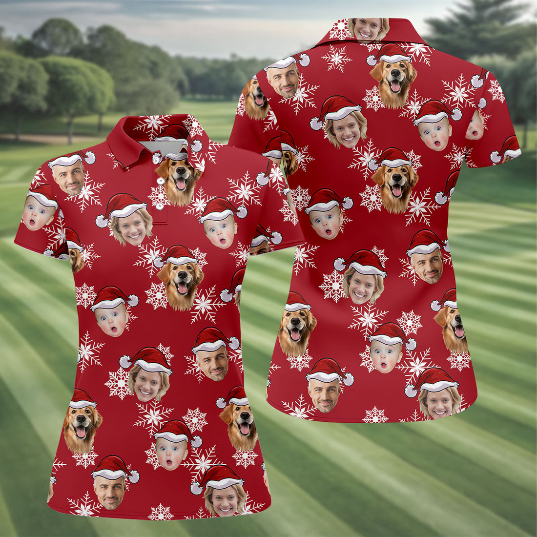 Custom Face Dark Red And White Christmas Women's Golf Tops, Ladies Golf Shirts, Christmas Golf Gift