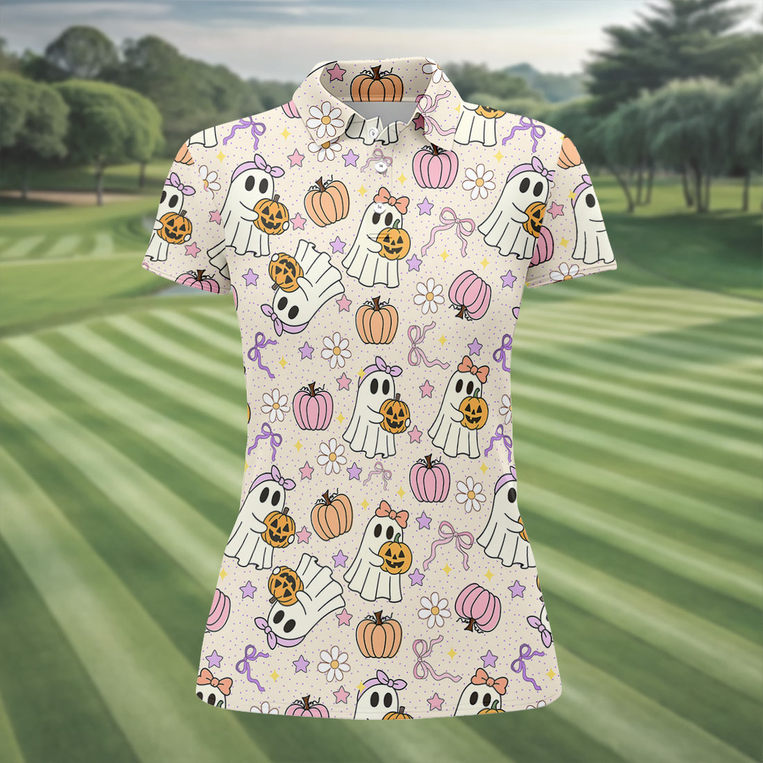 Halloween Seamless Pattern Cute Golf Shirt, Retro Halloween Ladies Golf Tops, Golf Gifts For Women