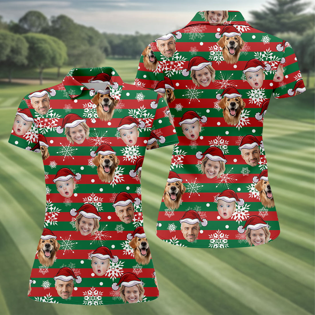 Custom Face Red Green Stripe Christmas Women's Golf Tops, Ladies Golf Shirts, Christmas Golf Gift