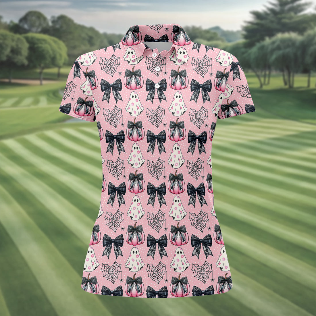 Coquette Pumpkin Boo Pink And Black Cute Golf Outfit, Fun Women's Golf Shirts, Ladies Golf Polos