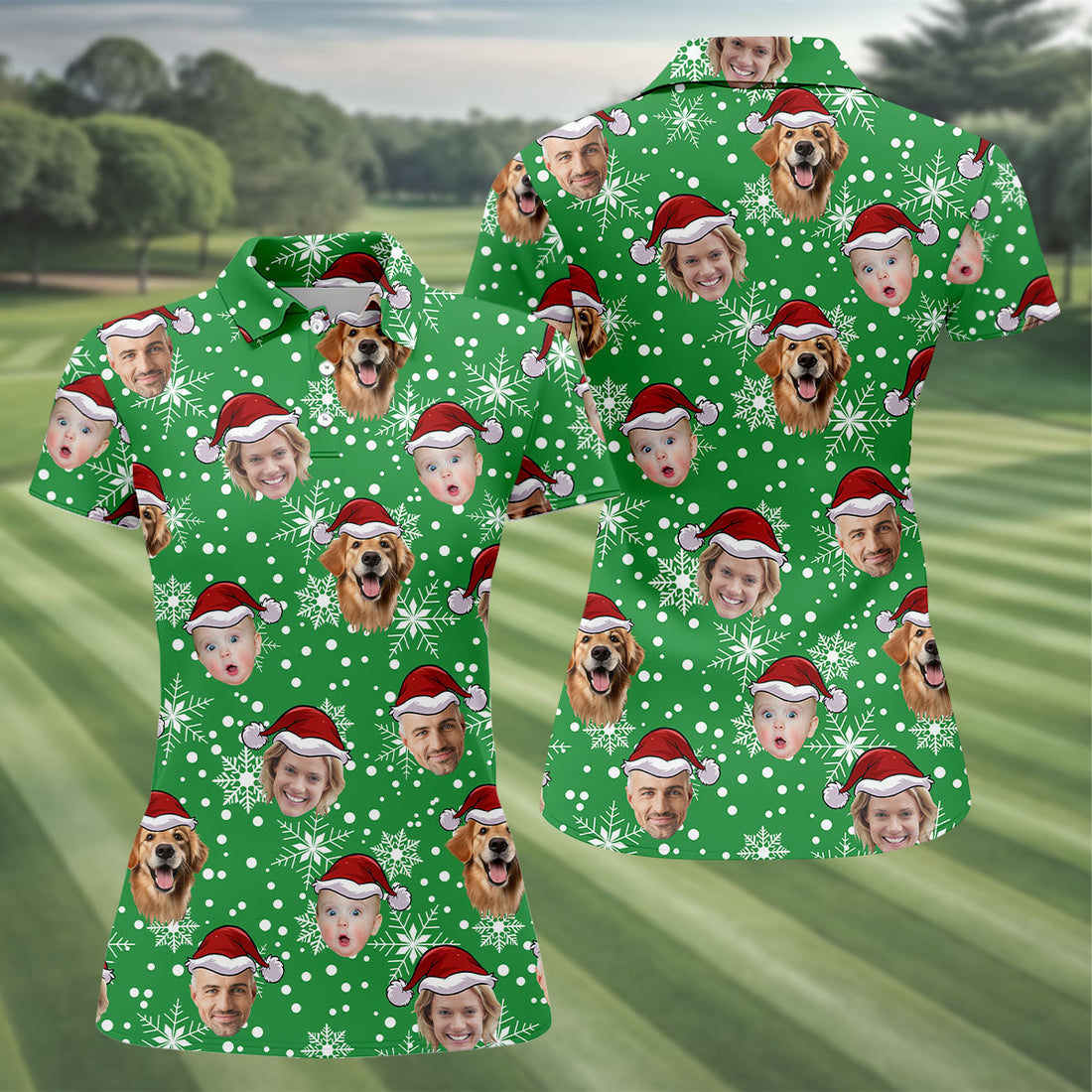 Custom Face Light Green Christmas Women's Golf Tops, Ladies Golf Shirts, Christmas Golf Gift