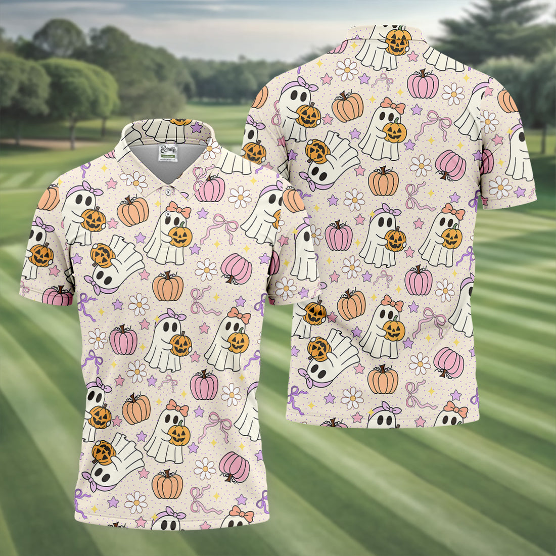 Halloween Seamless Pattern Cute Golf Shirt, Retro Halloween Polo Shirts For Men, Golfing Apparel