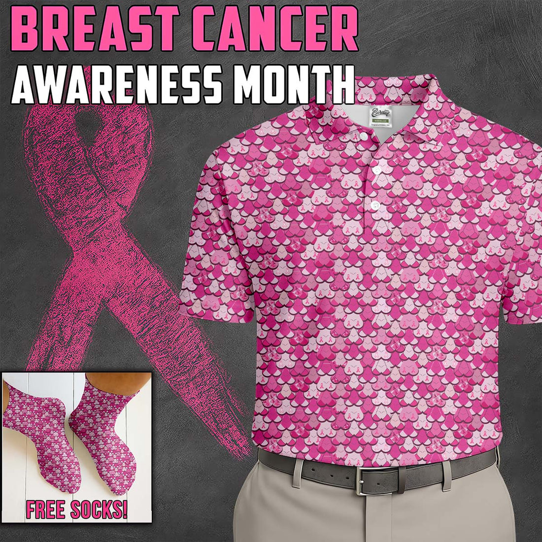 Pink Breast Cancer Men's Golf Shirt With Socks Free, Breast Cancer Awareness Gift