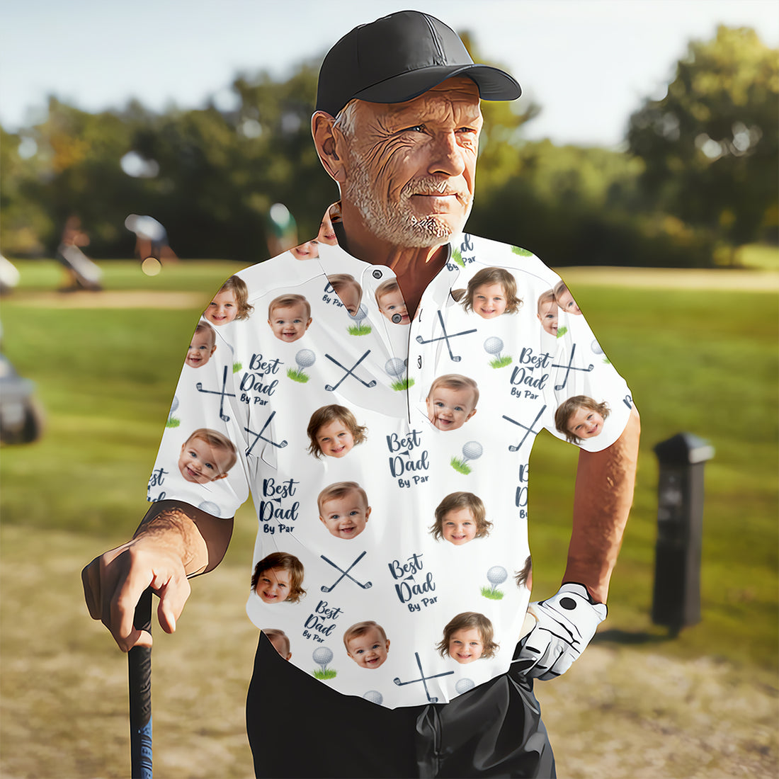 Best Dad By Par Funny Golf Polos, Custom Face Golf Shirt, Christmas Golf Gift