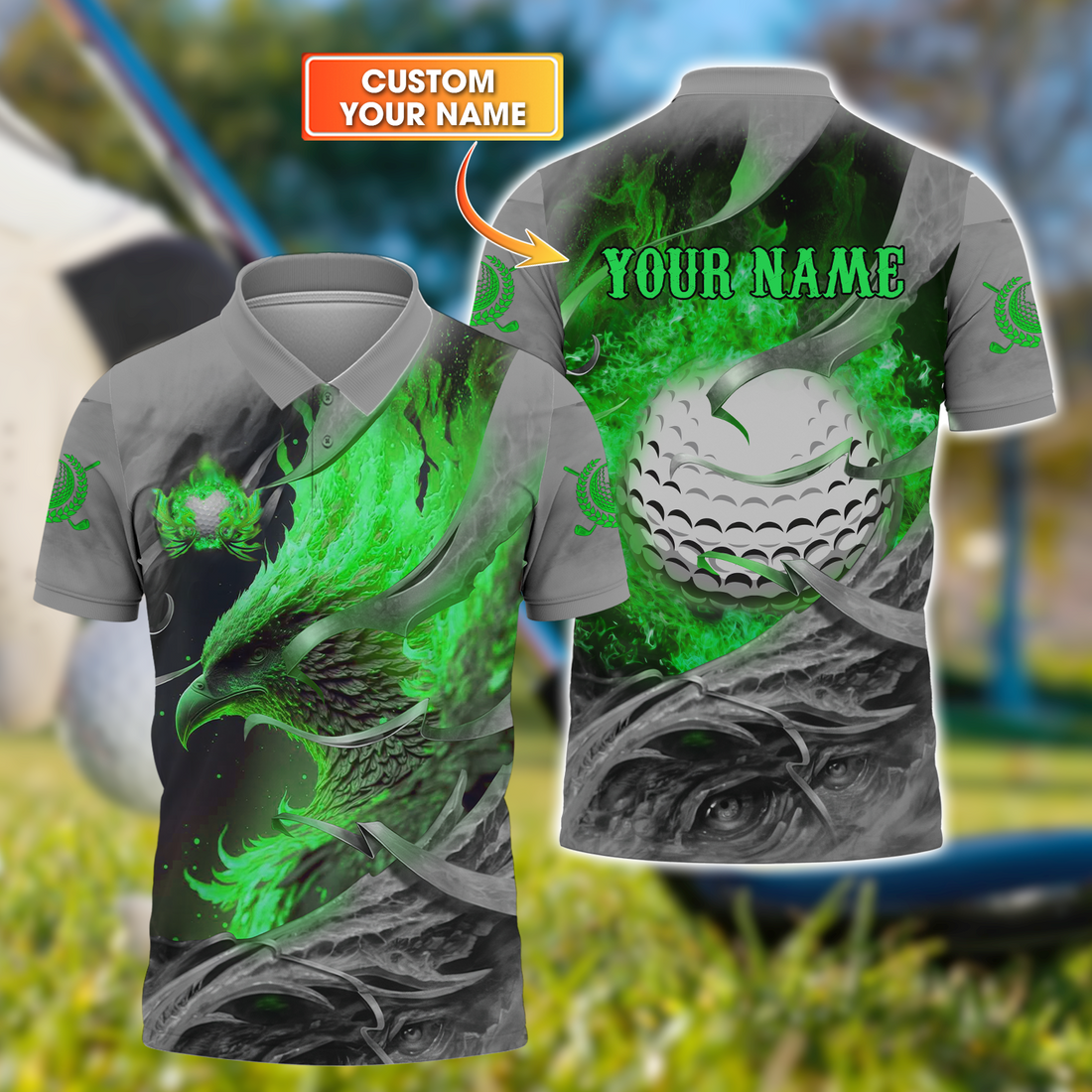 Green Phoenix Custom Golf Polo Shirt, Golf Apparel, Golf Gift For Men