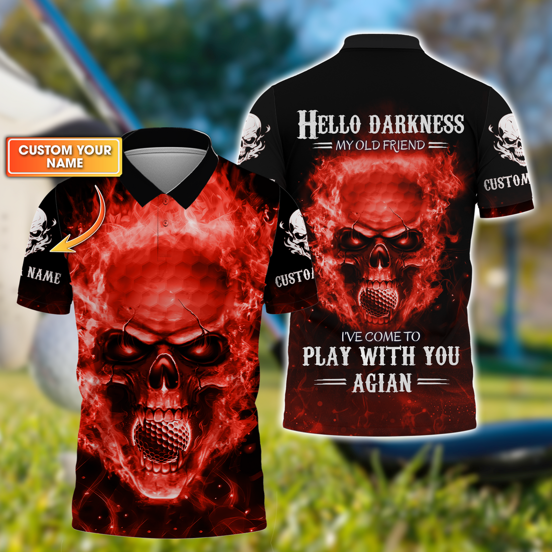 Hello Darkness My Old Flaming Fire Skull Golf Polo Shirt, Golf Apparel, Golf Gift For Men