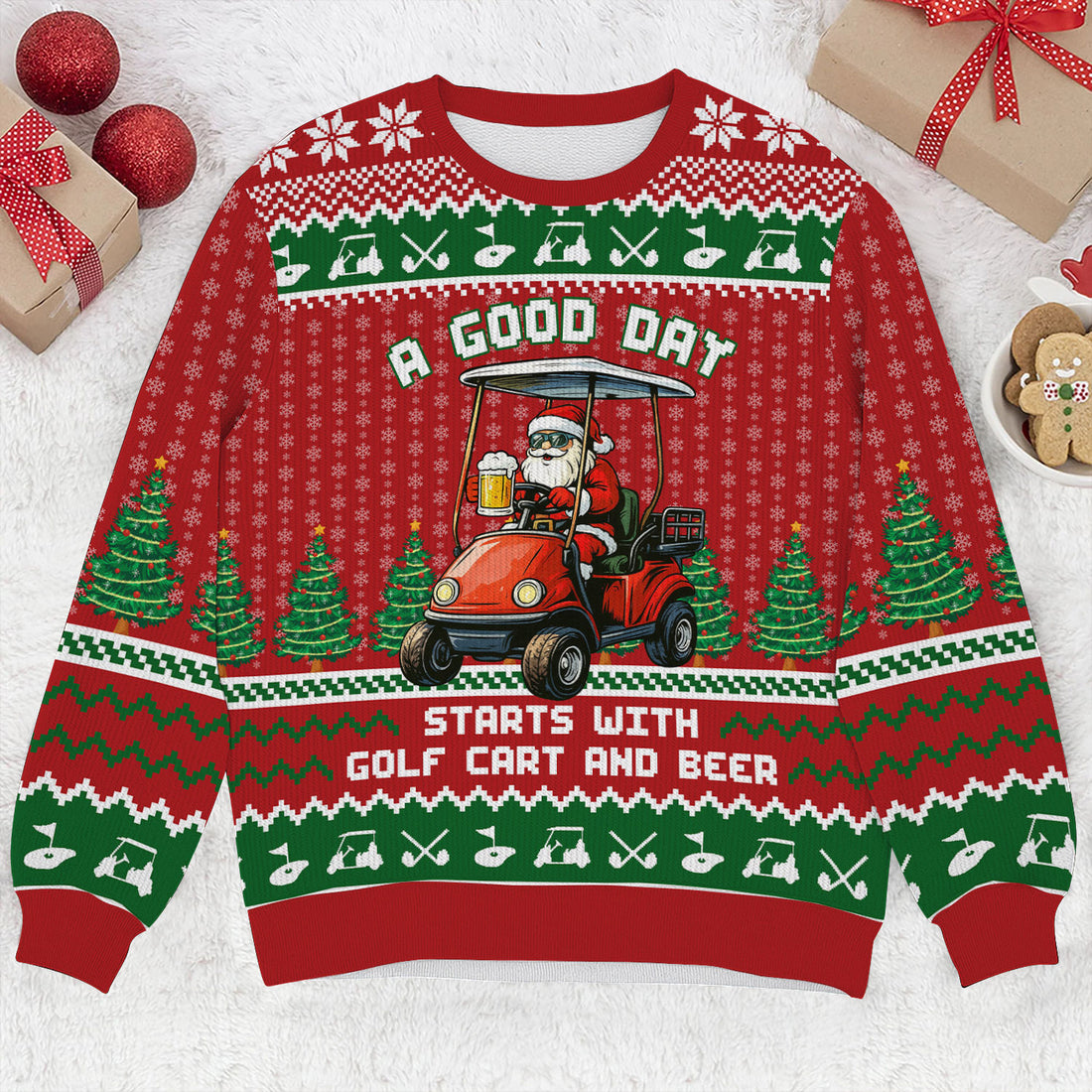 A Good Day Start With Golf Cart And Beer Christmas Ugly Sweater, Golf Ugly Christmas Sweater, Christmas Golf Shirt