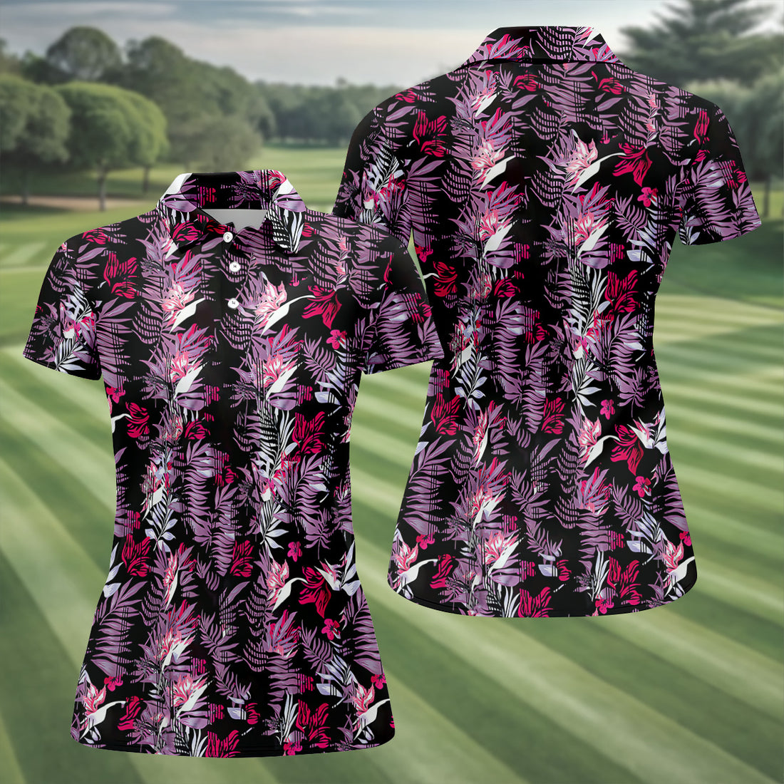 Purple And Black Tropical Golf Shirts, Sleeveless Women's Golf Shirts, Ladies Golf Polos