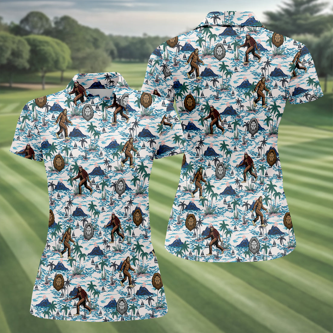 Funny Bigfoot Tropical Golf Shirts, Ladies Golf Shirts, Golfing Apparel, Women's Polo Shirt