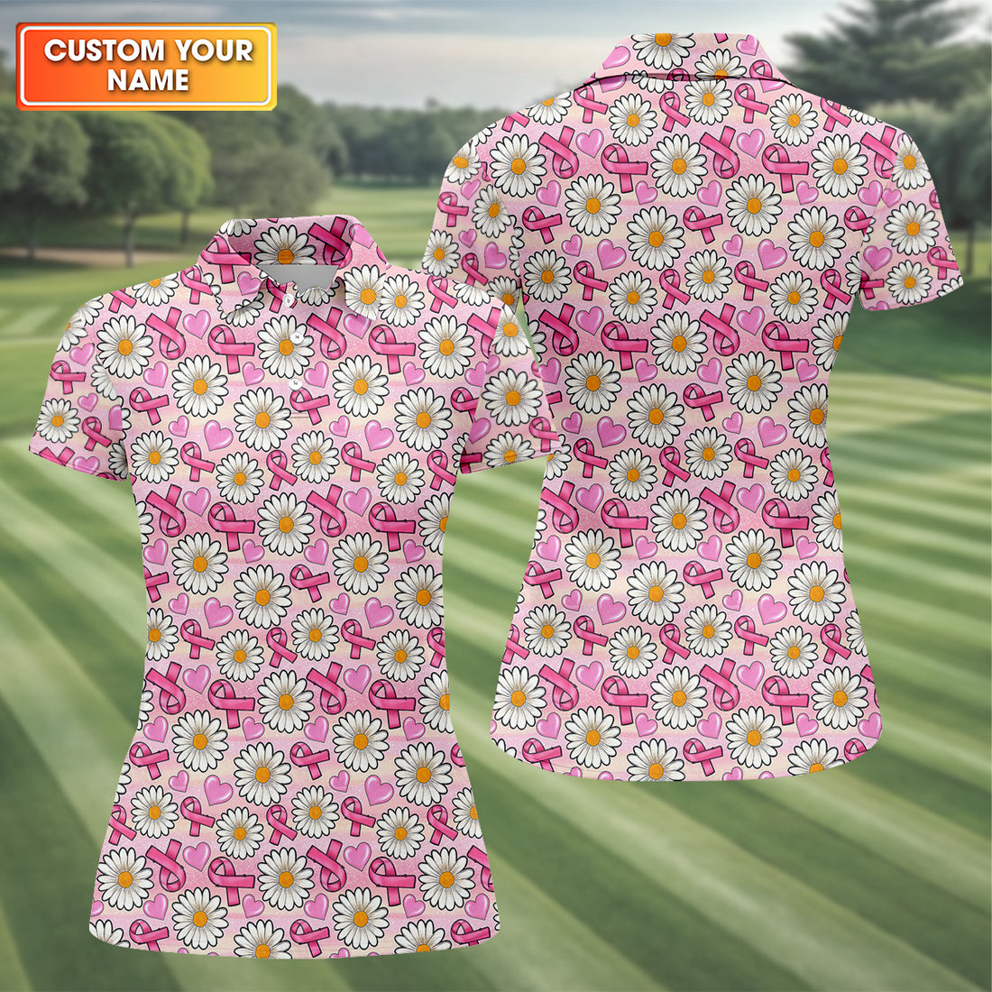Daisy Pink Breast Cancer Golf Shirt, Women's Long Sleeve Golf Shirts, Ladies Golf Tops, Ladies Golf Polos