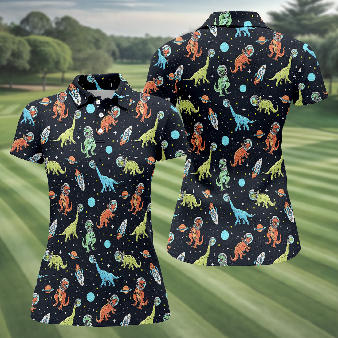 Dinosaur Space Golf Shirt, Women Golf Top, Gifts For Golf Lovers, Golf Gifts For Women, Ladies Golf Shirts