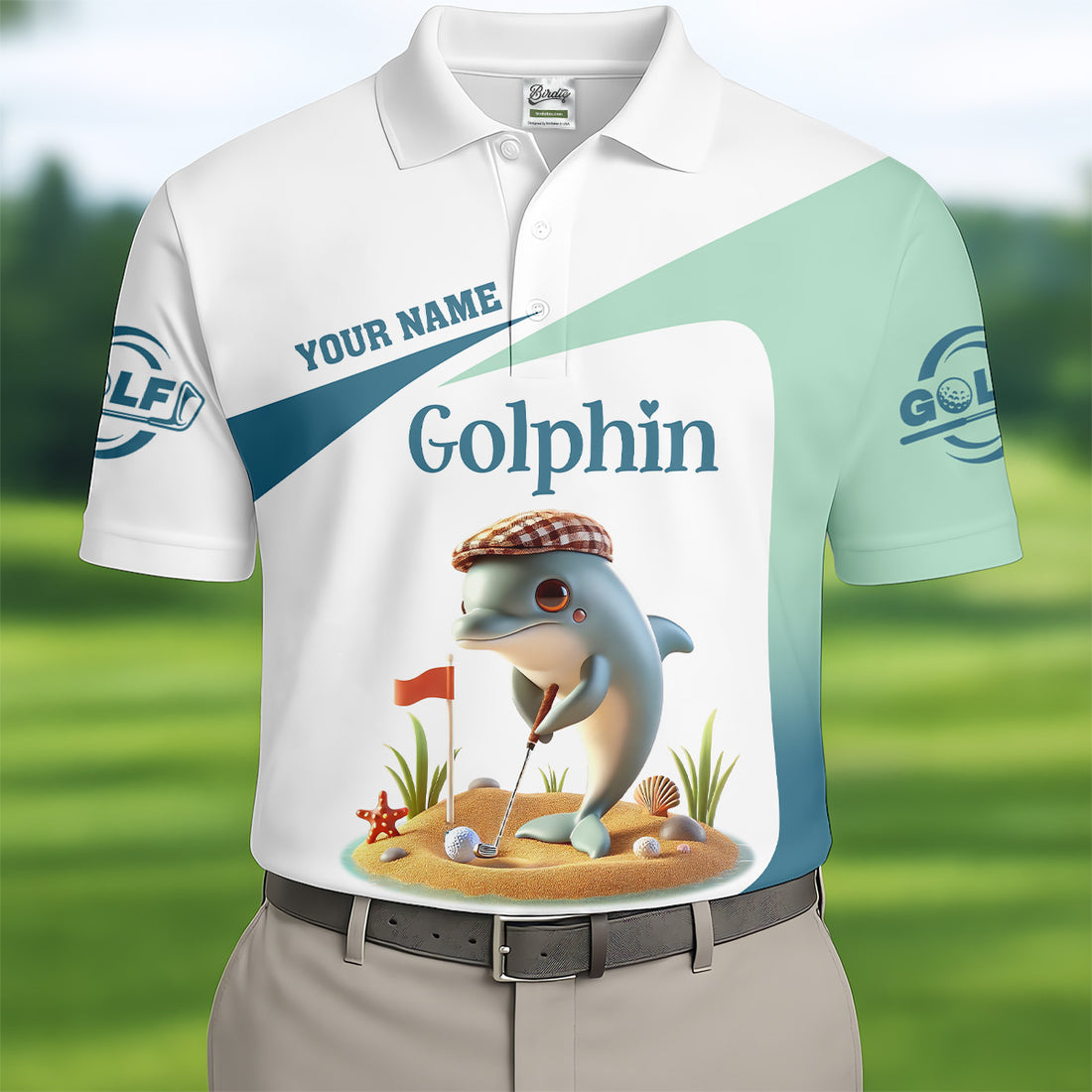 Golfin' Dolphin Custom Golf Polo Shirt, Golfing Apparel, Mens Golf Gift, Funny Golf Polo Shirt