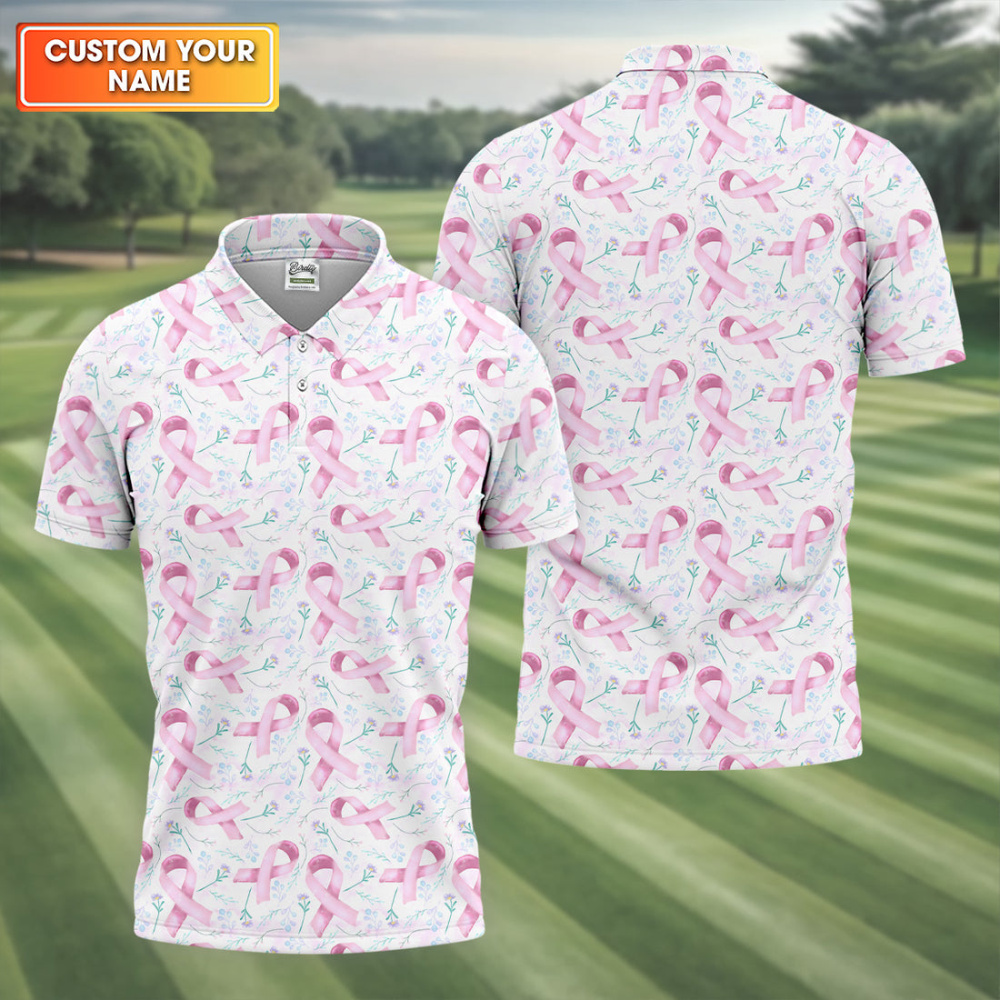 Pink Floral Breast Cancer Golf Shirt, Mens Golf Polo Shirts, White Polo Shirt Mens, Golfing Apparel
