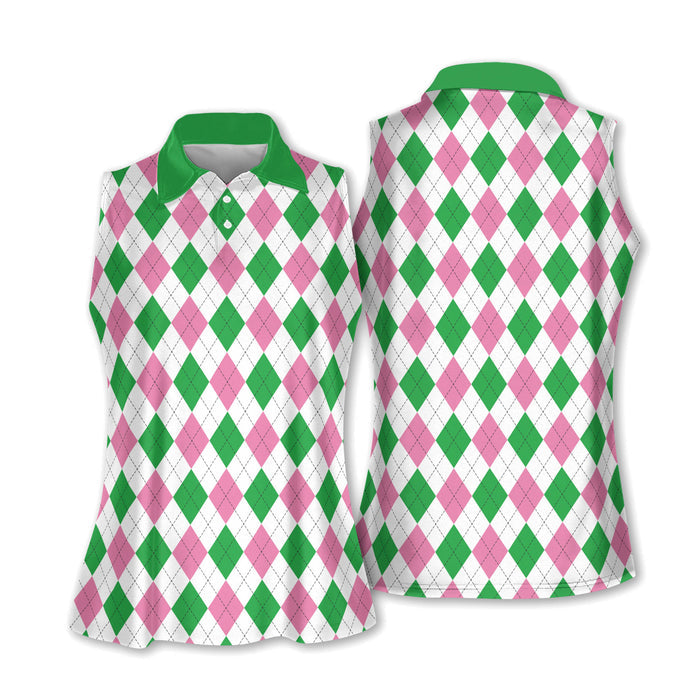 Green Pink Argyle Sleeveless Womens Golf Shirts, Ladies Pink Golf Shir –  BirdieTee