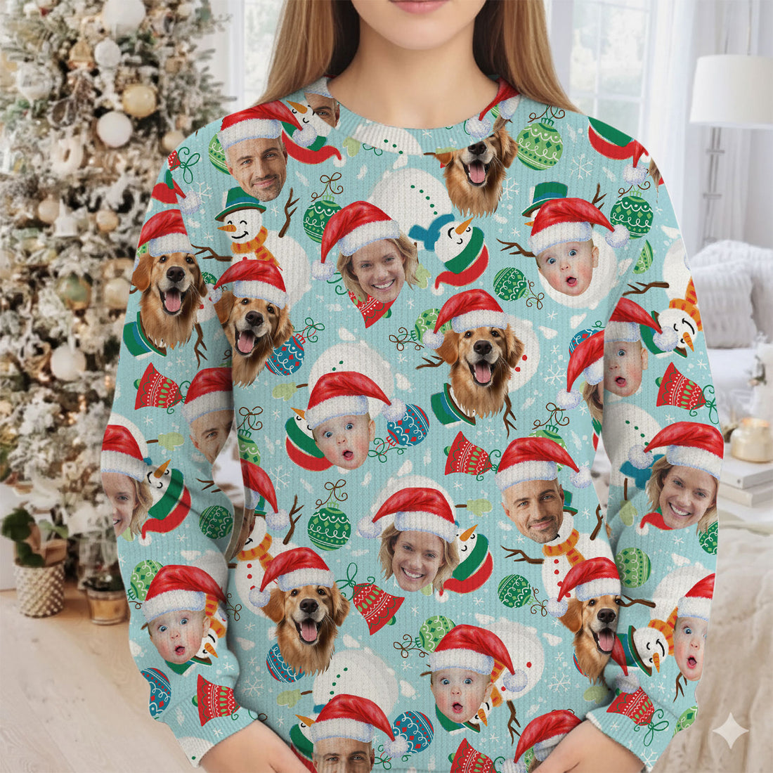 Custom Face Joyful Christmas Icy Blue Golf Ugly Sweater, Christmas Golf Shirt, Golf Sweater, Christmas Golf Gift