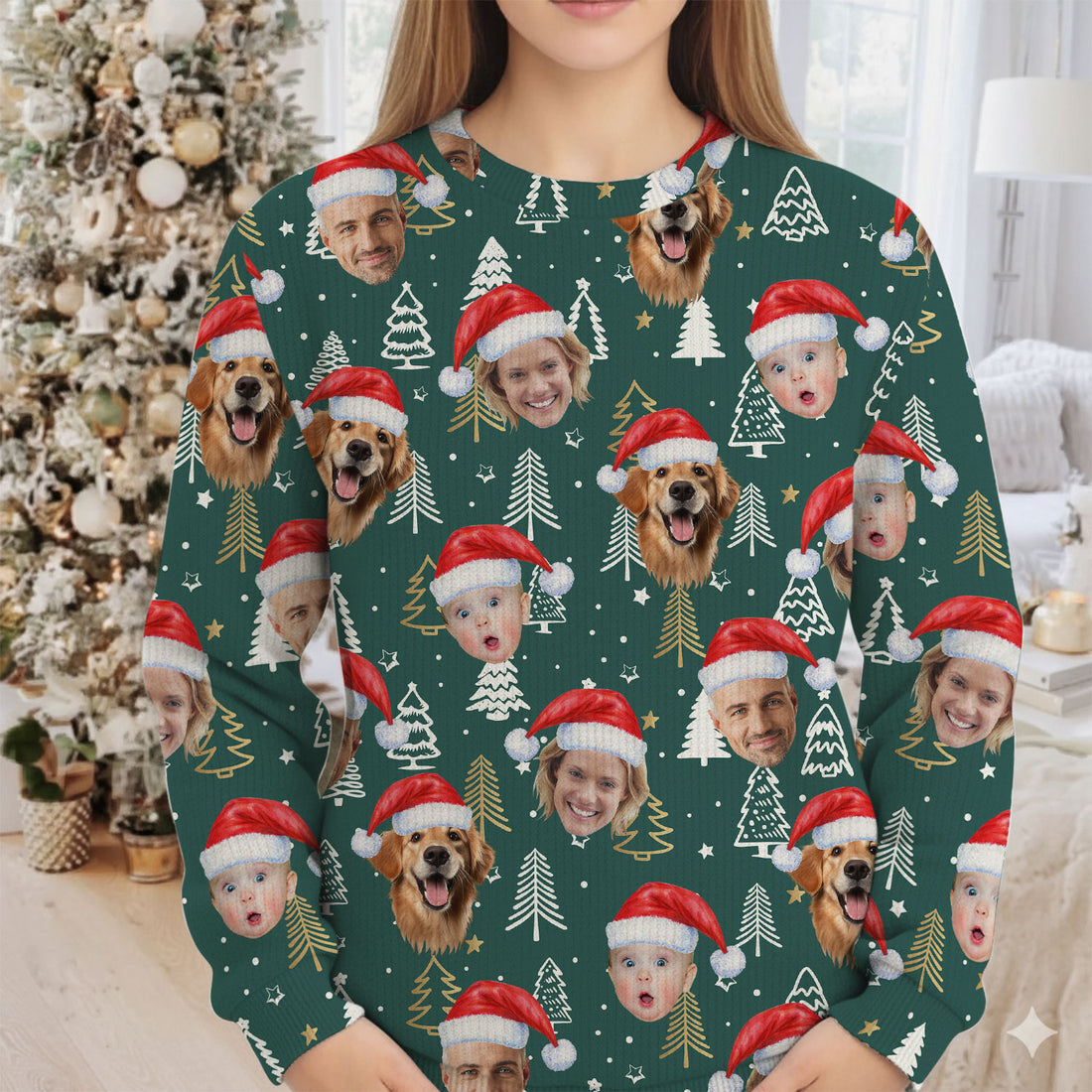 Custom Face Pine Tree Pattern Dark Green Golf Ugly Sweater, Christmas Golf Shirt, Golf Sweater