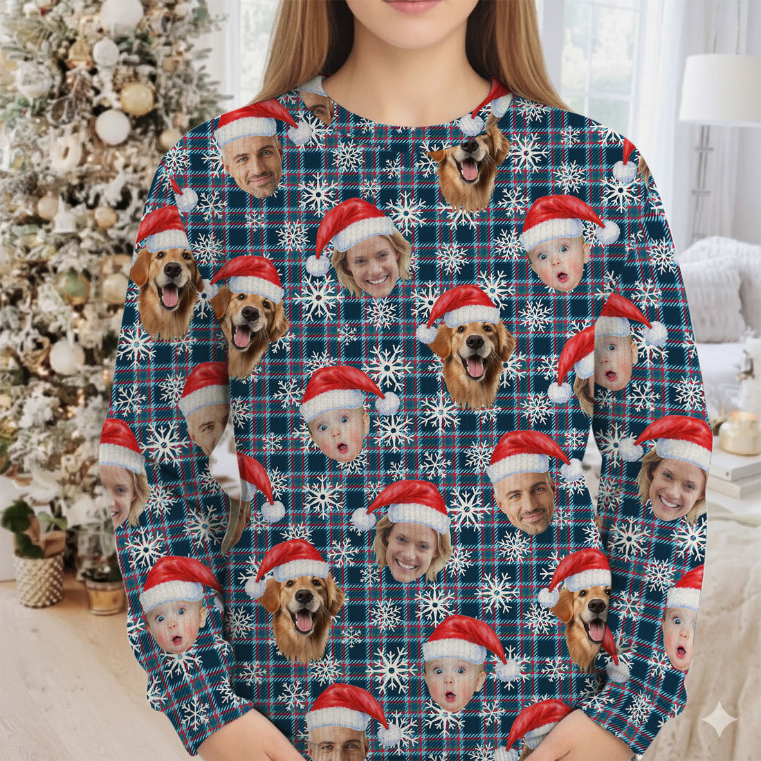 Custom Face Red And Blue Plaid Snowflakes Print Golf Ugly Sweater, Christmas Golf Shirt, Golf Sweater