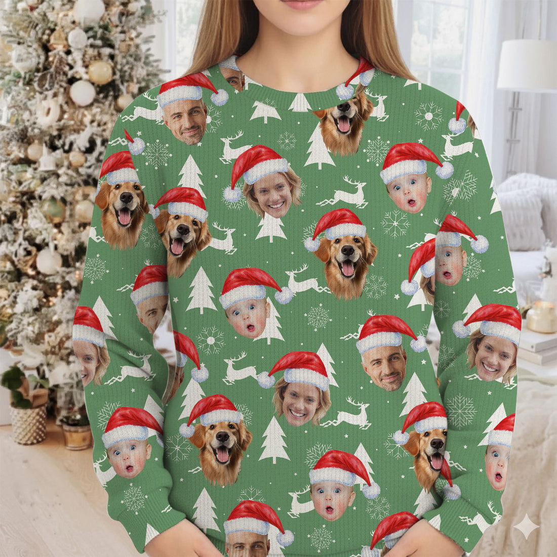 Custom Face Snow Reindeer Sage Green Golf Ugly Sweater, Christmas Golf Shirt, Golf Sweater, Christmas Golf Gift