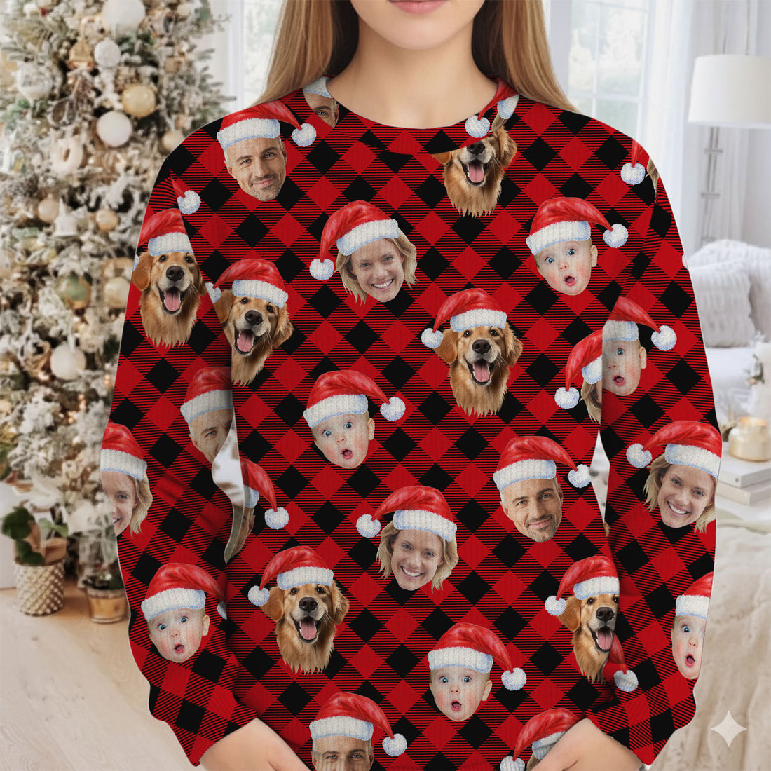 Custom Face Red And Black Checkered Golf Ugly Sweater, Golf Ugly Christmas Sweater, Christmas Golf Shirt