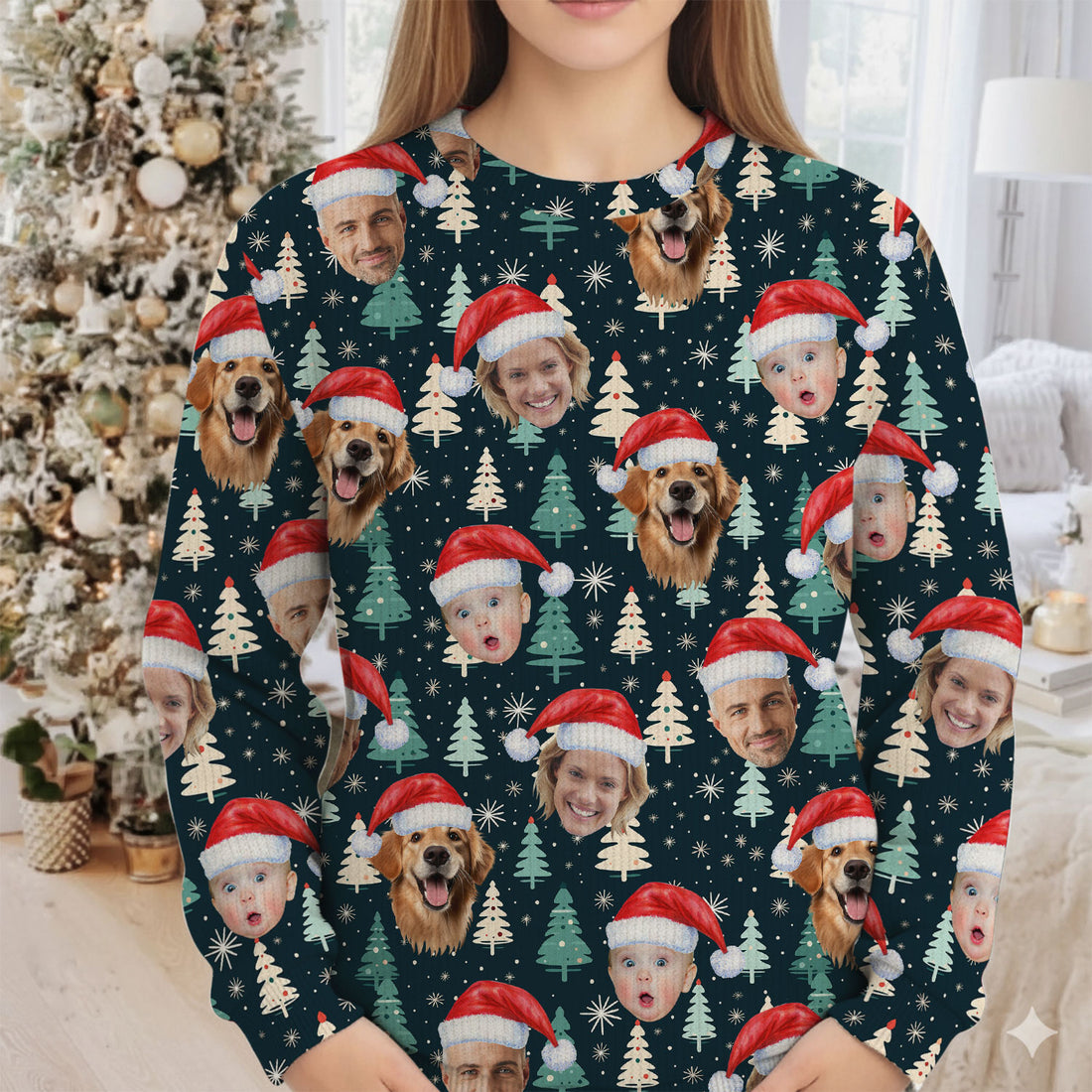Custom Face Little Pine Tree Snowflake Pattern Golf Ugly Sweater, Golf Ugly Christmas Sweater, Christmas Golf Shirt