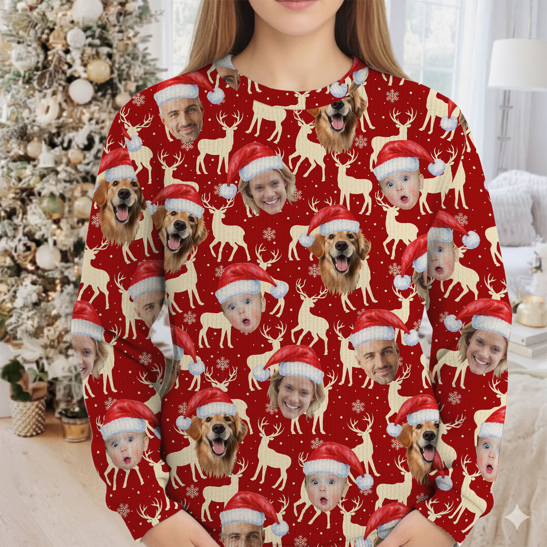 Custom Face Reindeer Pattern Beige And Red Golf Ugly Sweater, Christmas Golf Shirt, Golf Sweater
