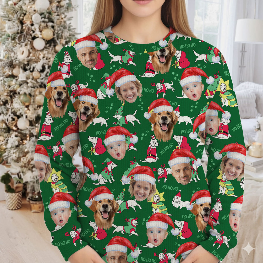 Custom Face Ho Ho Ho Cute White Dog Golf Ugly Sweater, Christmas Golf Shirt, Golf Sweater