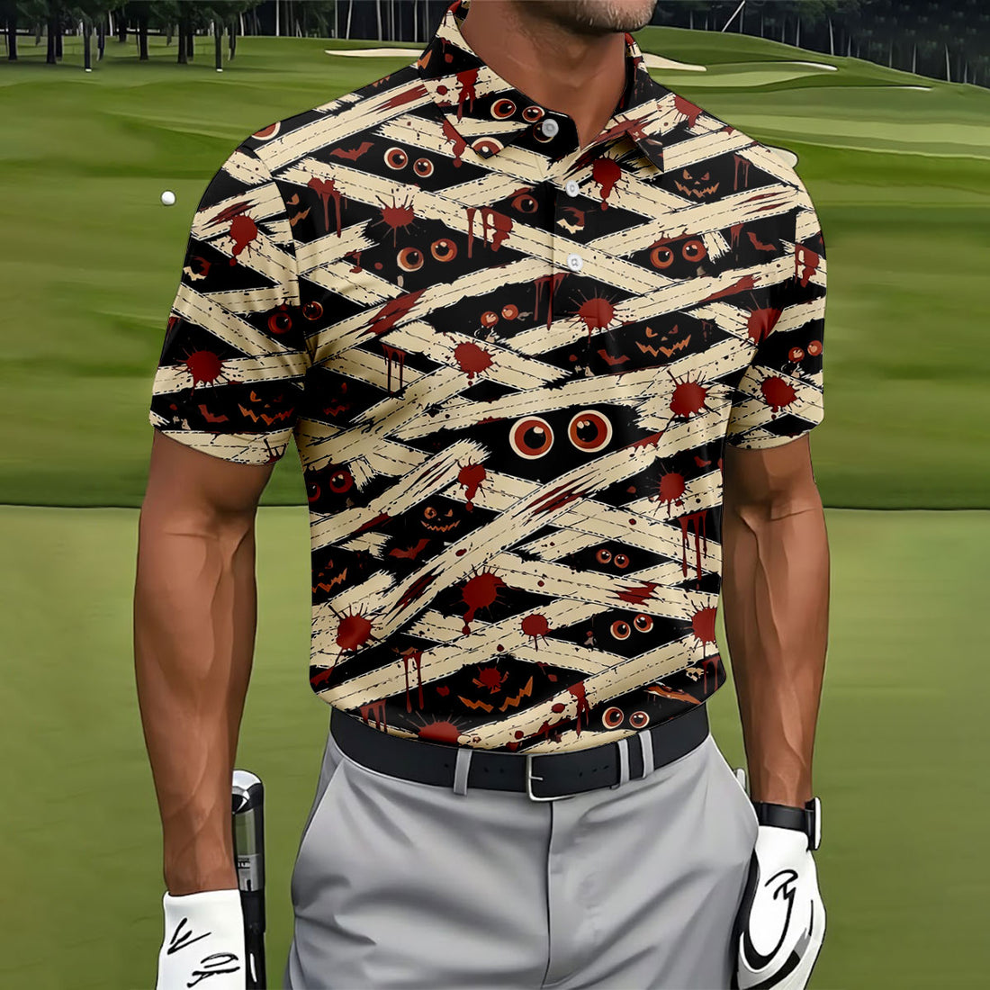 Mummy Horror Character Halloween Golf Polo Shirt, Golf Outfit For Men, Mens Golf Polo
