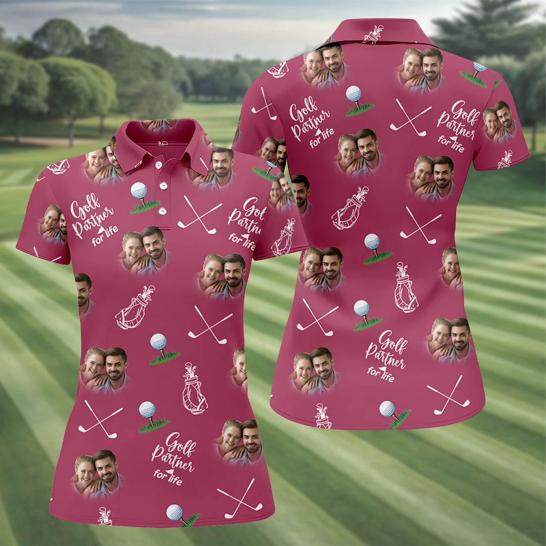 Golf Partner For Life Custom Photo Pink Purple Women Golf Top, Valentines Golf Gift, Ladies Golf Polos