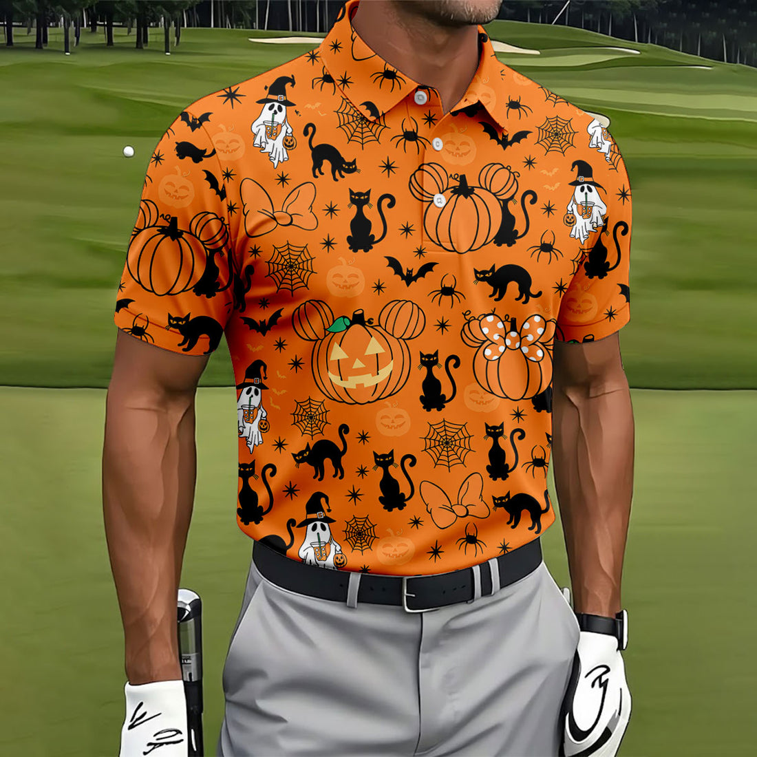Black Cat and Pumpkin Halloween Polo Shirt, Golf Polo Apparel, Mens Golf Outfit