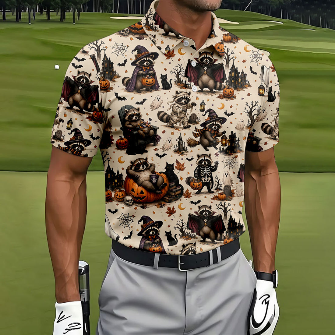 Jimothy Raccoon Costume Halloween Golf Polo Shirt, Golf Clothing, Mens Golf Shirt