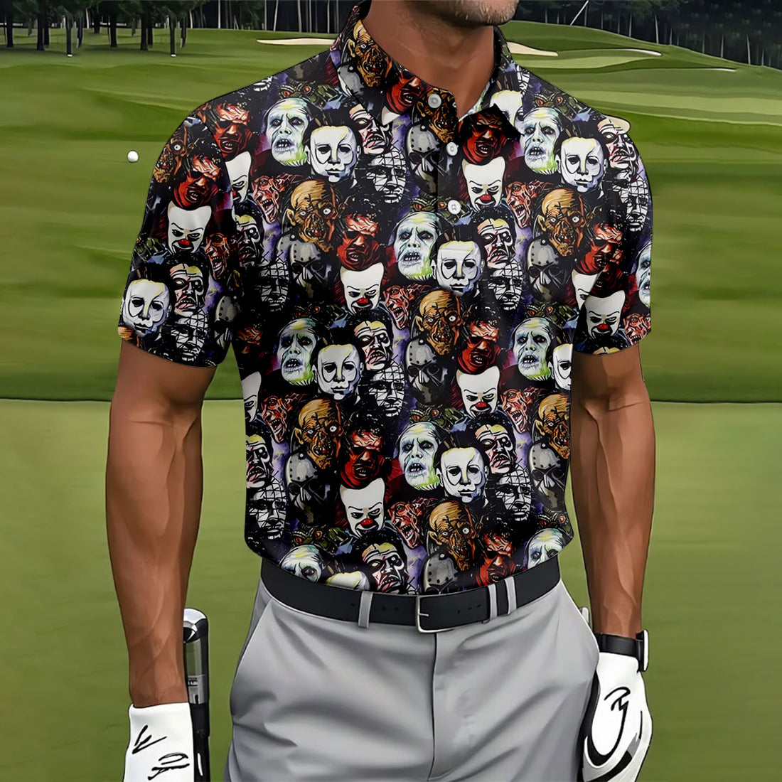 Horror Character Movie Villain Collage Golf Polo Shirt, Men's Golf Polo, Hawaiian Golf Shirt