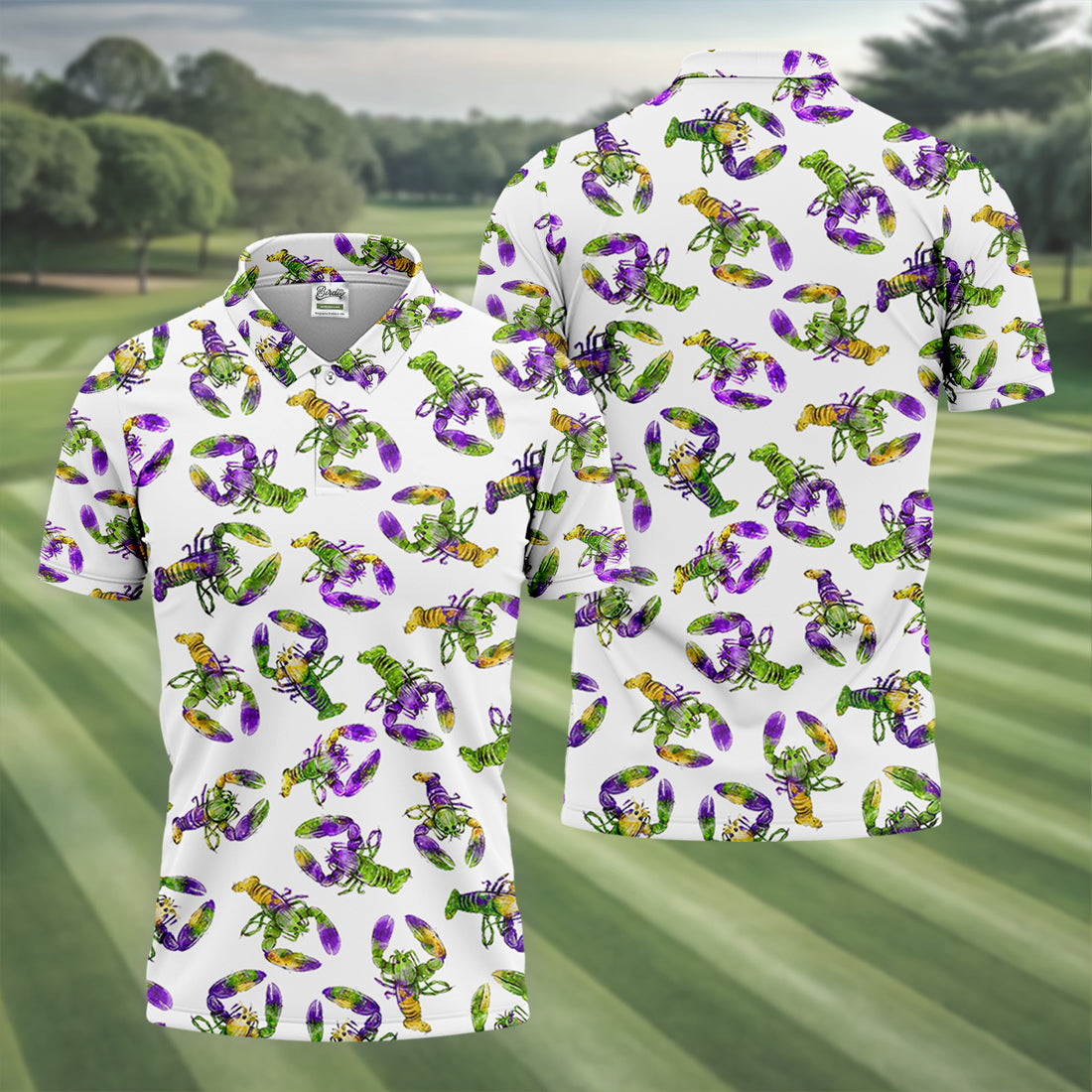 Purple Green Gold Crawfish Pattern Mardi Gras Golf Shirt, Polo Shirts For Men, Golf Shirts For Men