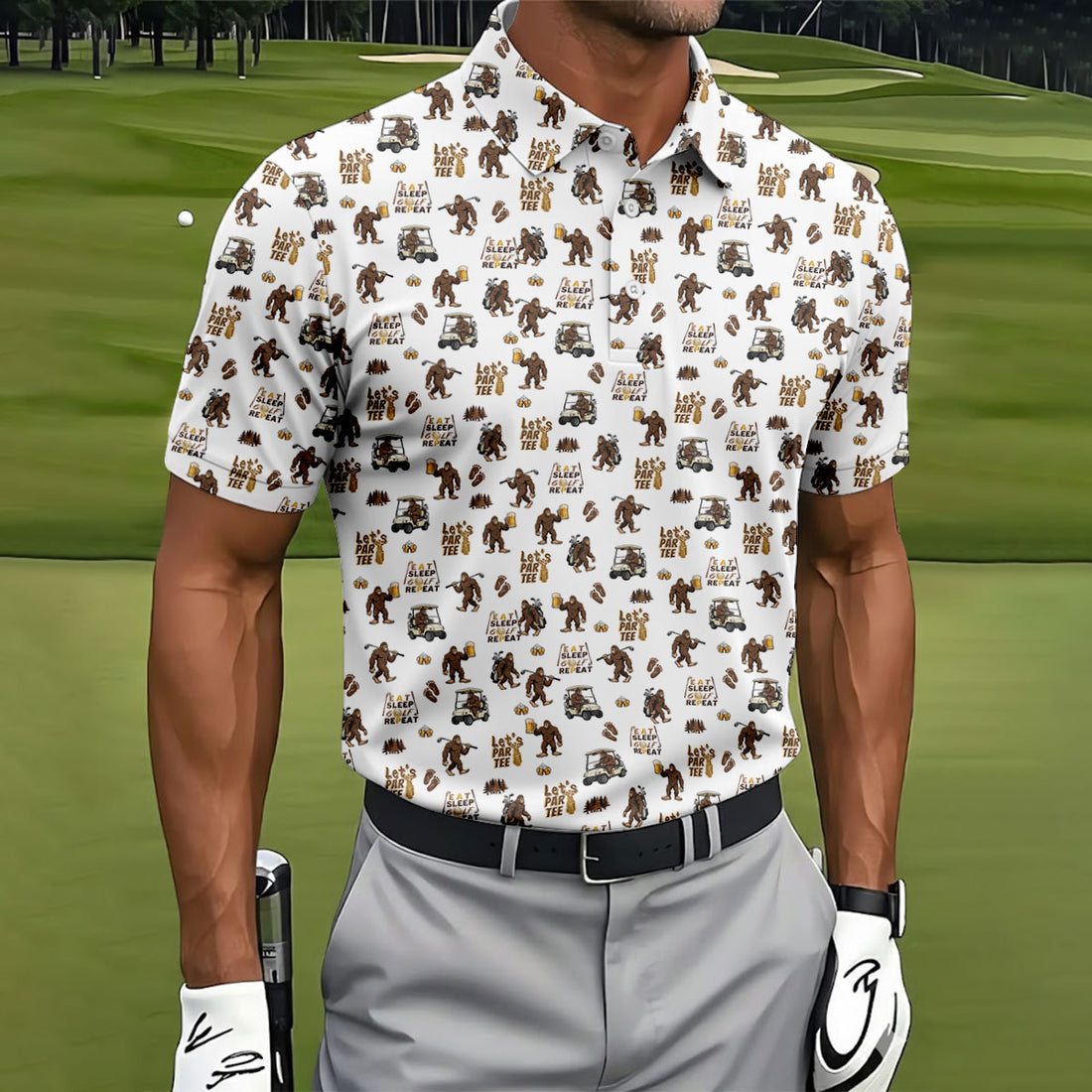 Let's Par Tee Bigfoot Golf Pattern Men's Golf Shirt, Golf Apparel For Men, Printed Golf Shirts