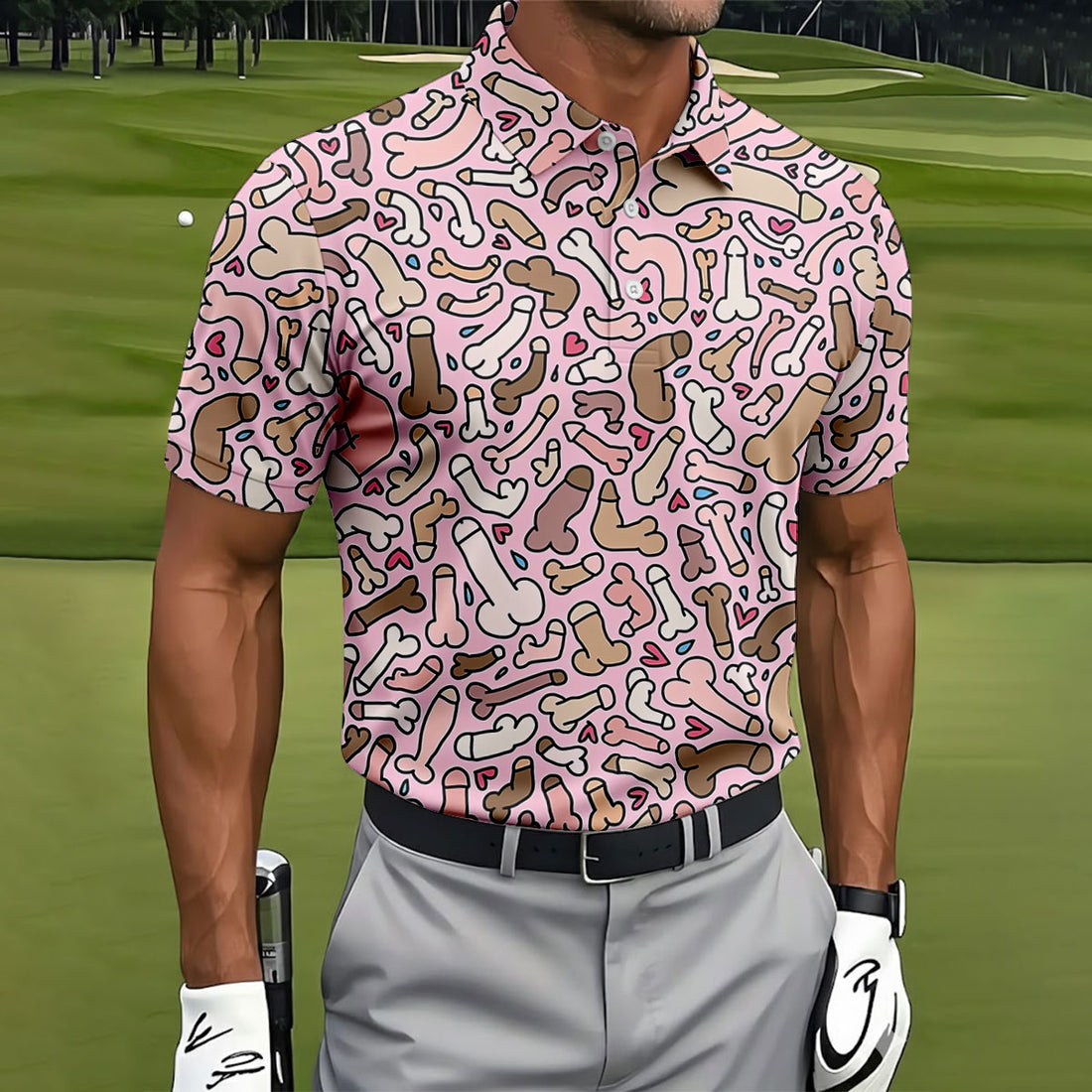 Funny Adult Doodle Pink Pattern Polo Shirt, Mens Golf Polo, Golf Shirts For Men