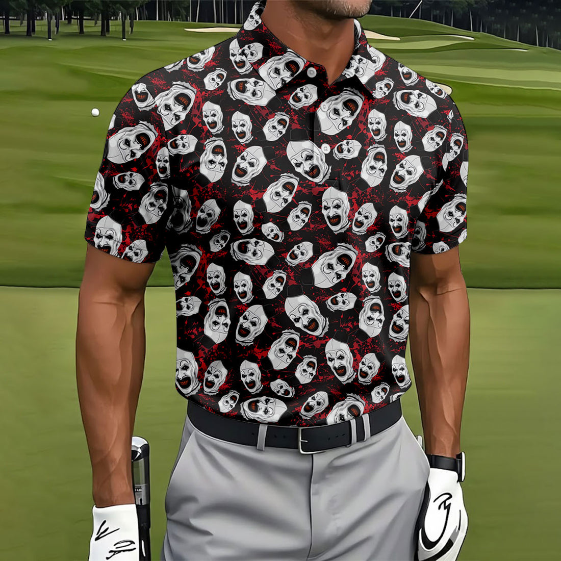 Horror Character Clown Face Pattern Golf Polo Shirt, Men's Golf Polo, Hawaiian Golf Shirt