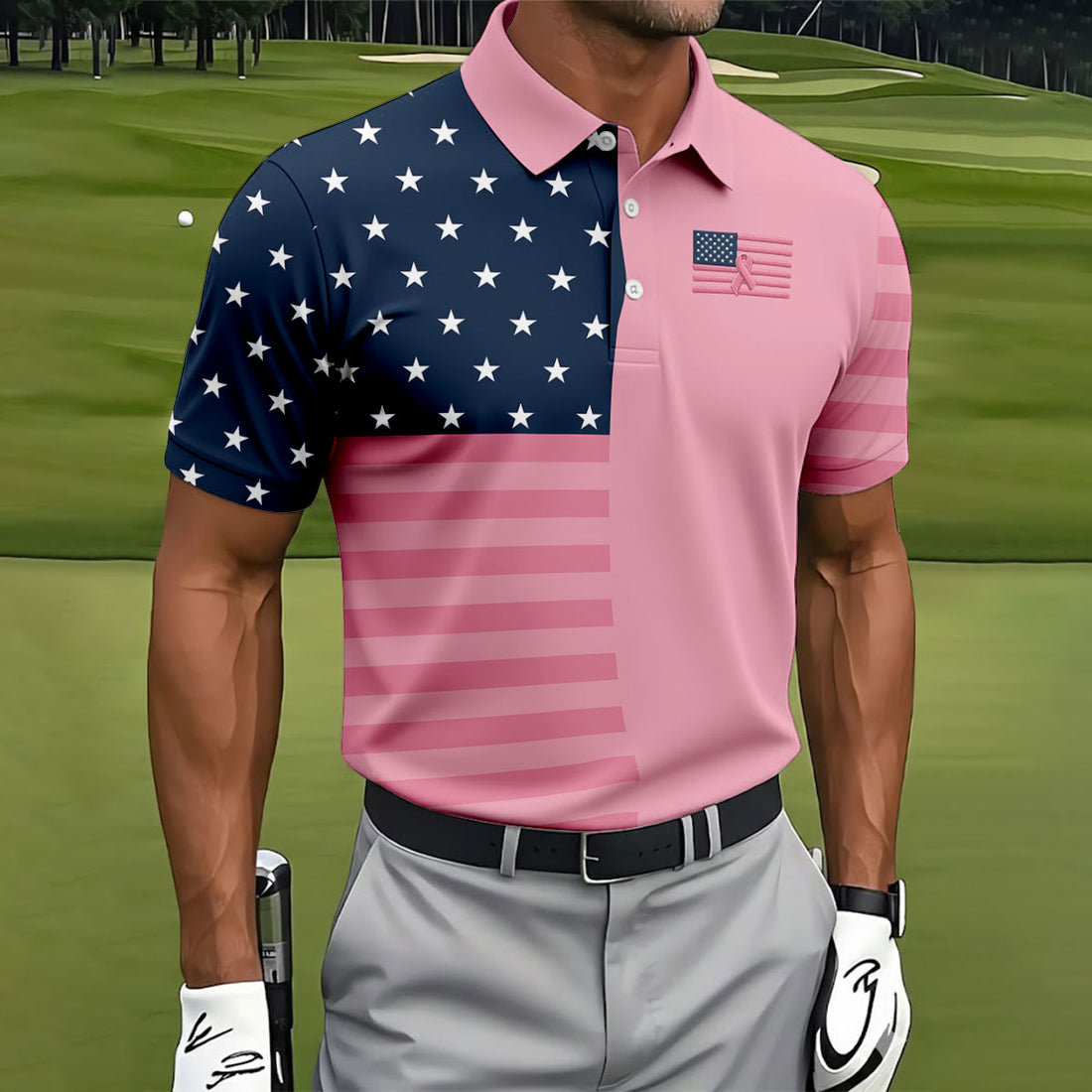 Printed Pink USA Flag Breast Cancer Polo Shirt, Polo Shirts For Men, Printed Golf Shirts