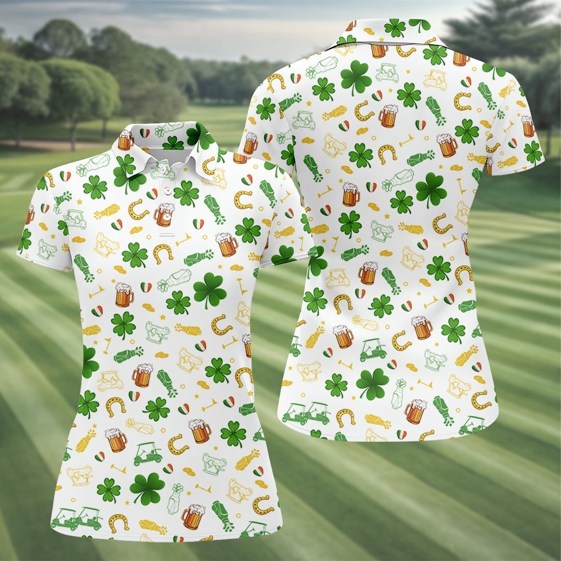 St Patrick's Day Beer Golden Horseshoes Shamrock Golf Shirt, Women's Golf Tops, Ladies Golf Polos