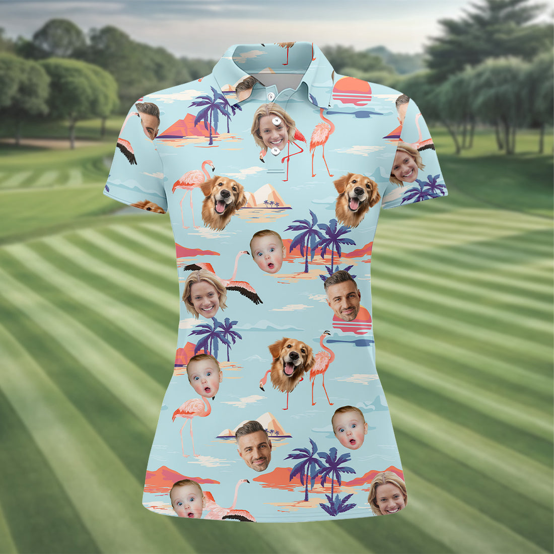 Pink Flamingo Hawaiian Shirt, Ladies Palm Tree Shirt, Custom Face Shirt, Matching Hawaiian Outfits, Ladies Golf Shirts