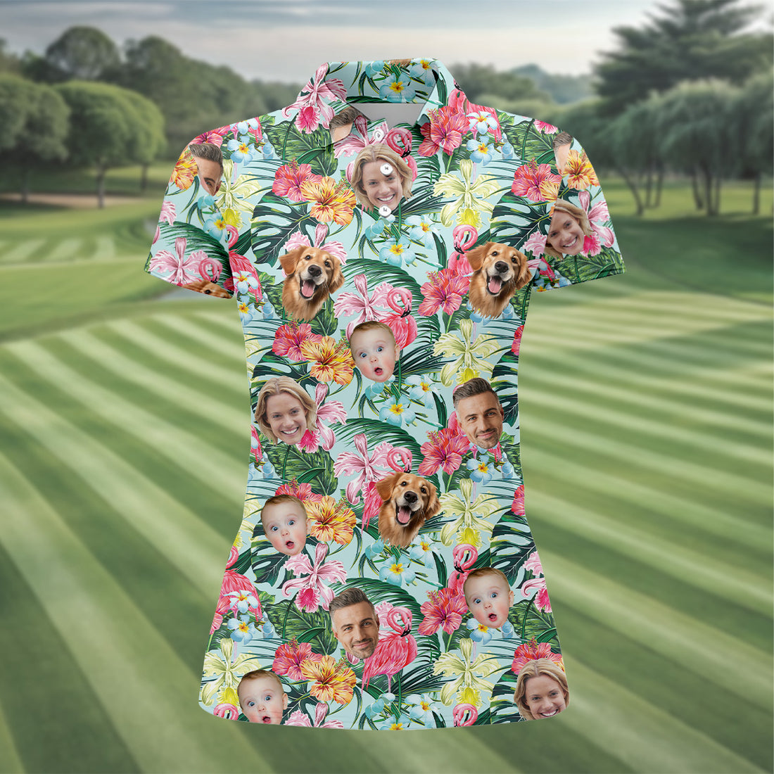 Pink Flamingo Hawaiian Shirt, Hibiscus Shirt, Custom Face Shirt, Matching Hawaiian Outfits, Ladies Golf Shirts